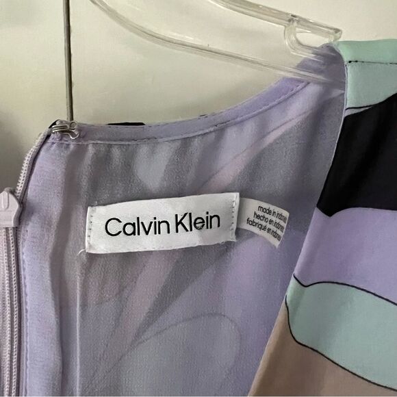 NWT Calvin Klein Women's Faux Wrap Puff Sleeve Midi Dress in Black Opal Print - Picture 7 of 9